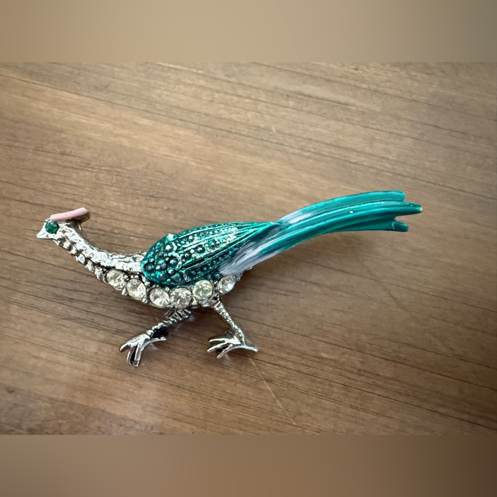 Vintage Jeweled Bird Brooch Green Teal Rhinestone Pin Art Deco Style Statement
